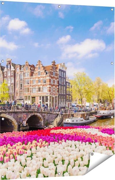 Gards Tuinposter Amsterdamse Huisjes aan de Grachten - 90x120 cm - Tuindoek - Tuindecoratie - Wanddecoratie buiten - Tuinschilderij