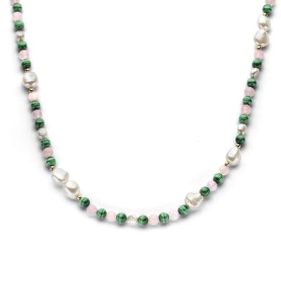 collier parel en natuurlijke kleurstenen 42 + 3 cm 3 micron zilver verguld (geel)