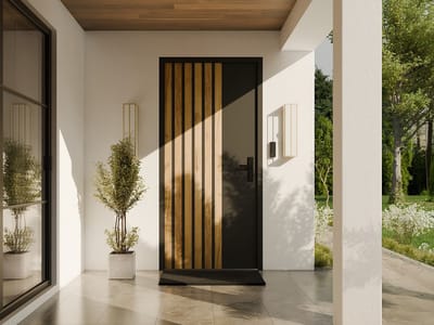 Vente-unique Massieve stalen voordeur, 207 cm hoog x 100 cm breed, antraciet met eikenhouten strepen - 68 mm dik - linksdraaiend - COBRITA