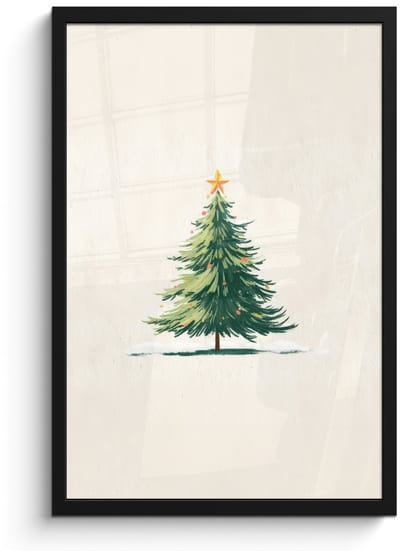 Poster in lijst - Fotolijst 40x60 cm - Posters - Kerstboom - Illustratie - Ster - Sneeuw - Posterlijst zwart - Decoratie - Wanddecoratie woonkamer - Muurdecoratie slaapkamer - Kerstversiering - Kerstdecoratie voor binnen - Kerstmis
