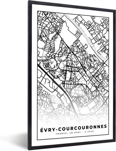 Fotolijst incl. Poster Zwart Wit- Stadskaart - Plattegrond - Évry-Courcouronnes - Kaart - Frankrijk - Zwart wit - 40x60 cm - Posterlijst