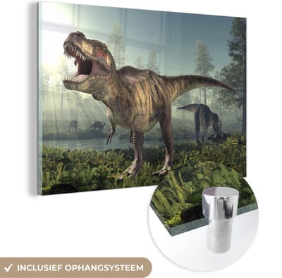 MuchoWow® Glasschilderij 60x40 cm - Schilderij acrylglas - Dino - Gras - Tekening - Kinderen - Jongens - Foto op glas - Schilderijen