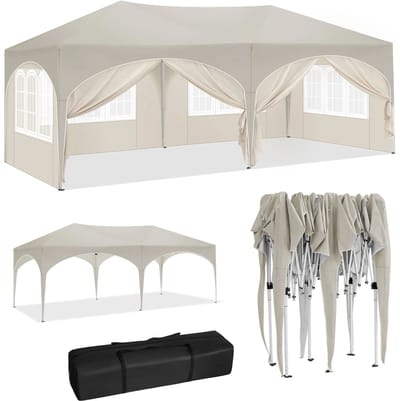 Miryx Opvouwbare Partytent - 3x6m - Tuinluifel met 6 Zijwanden - Verstelbare Hoogte Waterdichte - UV-bescherming - Feesttent - Met Tas - Beige