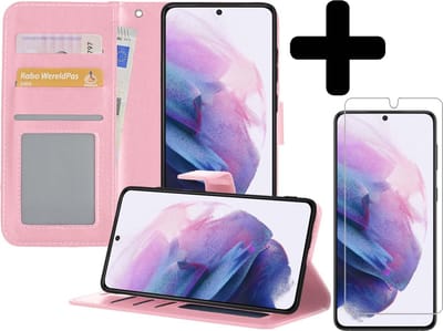 Hoesje - Met Screenprotector - Geschikt voor Samsung Galaxy S21 - Luxe Pasjeshouder - Bookcase Portemonee - Flip Case - Kunstleer Book Case - Flipcase - Book Cover - Walletcase - Portemonneehoes - Telefoonhoesjes - Lichtroze