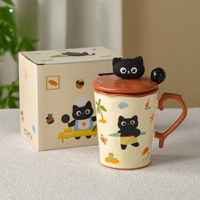 Schattige Kat Keramische Kop Mok met Deksel en Lepel voor Meisjes met Hoog Uiterlijk Design Niche Kantoor Waterkop 480ml
