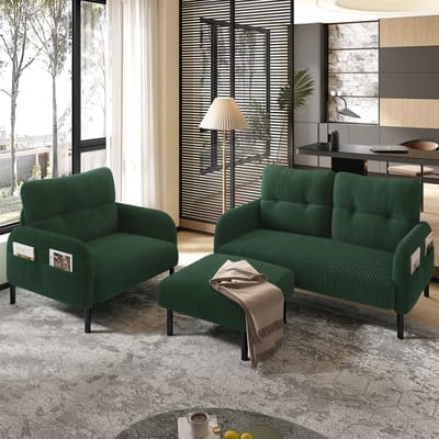 MODFU 3-Delige Zitmeubelset - 2-Zitsbank, Fauteuil En Hocker - Met Zijvak - Voor Woonkamer - Cord - Smaragdgroen