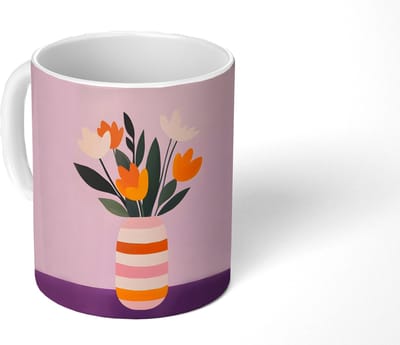 Mok - Koffiemok - Tulpen - Vaas - Strepen - Paars - Mokken - 350 ML - Beker - Koffiemokken - Theemok