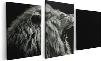 Artaza Canvas Schilderij Drieluik Brullende Leeuw - Leeuwenkop - Zwart Wit - 120x60 - Foto Op Canvas - Canvas Print
