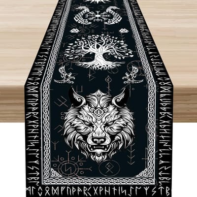 Chemin de table en lin Viking Nordique Décoration de maison Noir Mythologie Nordique Arbre Corbeau Corbeau Impression Chemin de table de cuisine Salle à manger Décoration de fête 150x33cm