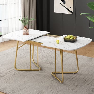 DESMIU Uitschuifbare Eettafel - Marmerlook En Goudkleurige Metalen Poten - Voor Eetkamer En Woonkamer - Wit - 140 Tot 180 X 80 Cm