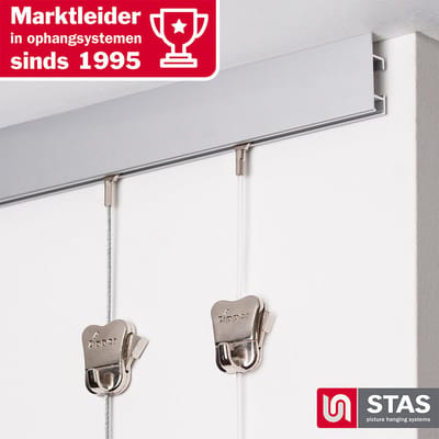 STAS Schilderijrail - Ophangsysteem Schilderijen / Fotolijsten / Poster - Ophangrails - Zonder Boren - Ophanghaak - Ophangrek - Schilderijrails - Cliprail Max - Aluminium - 150 cm - Complete Kit