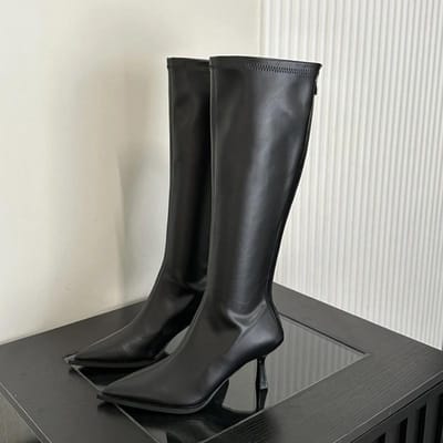 Zachte Leren Puntige Neus Knielange Laarzen Hoge Hakken Rits Dames Pumps Dames Lange Stretch Moderne Laarzen 39 zwart