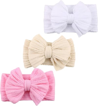 Set van 3 Zachte Baby Haarbanden met Strikken voor Meisjes - Nieuweborn Haaraccessoires in Beige, Wit en Medium Roze