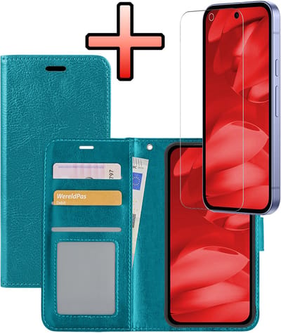 Hoesje - Met Screenprotector - Geschikt voor Google Pixel 9a - Luxe Pasjeshouder - Bookcase Portemonee - Flip Case - Kunstleer Book Case - Flipcase - Book Cover - Walletcase - Portemonneehoes - Turquoise
