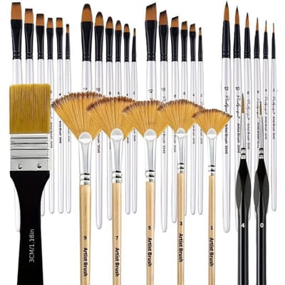 Pinceaux Peinture Professionnel Aquarelle et Gouache Peinture Poils Nylon Manche Bouleau Pinceaux 32PCS blanc