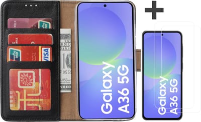 Hoesje met 2 Stuks Screenprotectors Geschikt voor Samsung Galaxy A36 – Arara bookcase met pasjeshouder - Zwart