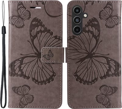 Coverup Hoesje - Geschikt voor Samsung Galaxy A15 Hoesje - Coverup Vlinders Book Case - Taupe Grijs