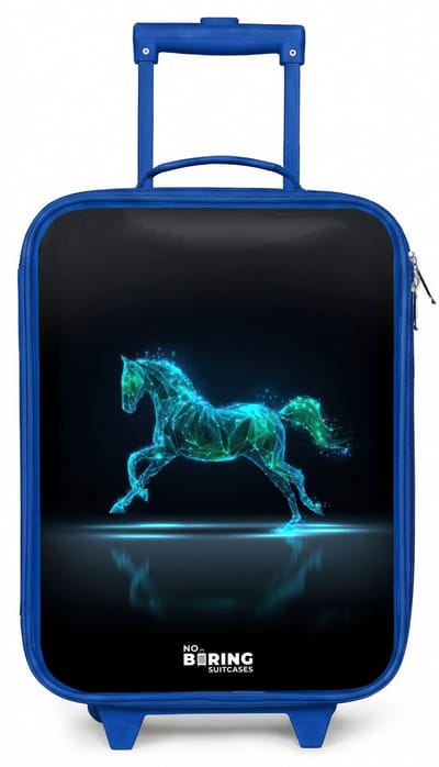 NoBoringSuitcases.com® - Kinderkoffer blauw - Kindertrolley jongen - Futuristisch galopperend paard - Koffer kind lichtgewicht - Reiskoffer trolley voor kinderen - Koffertje met lichtgevende wieltjes - Rolkoffer