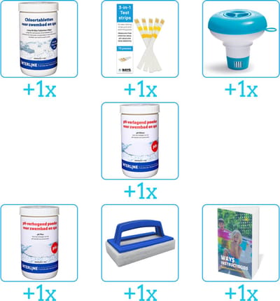 Zwembad Onderhoudspakket - Onderhoud Zwembad - bevat Chloor - Testrips - Chloordrijver - PH-min - PH-plus - Scrubborstel en Zwembadgids (7-delig)