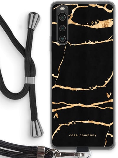 Case Company® - Hoesje met koord geschikt voor Sony Xperia 10 IV hoesje met Koord - Gouden marmer - Telefoonhoesje met Zwart Koord - Bescherming aan alle Kanten en Over de Schermrand