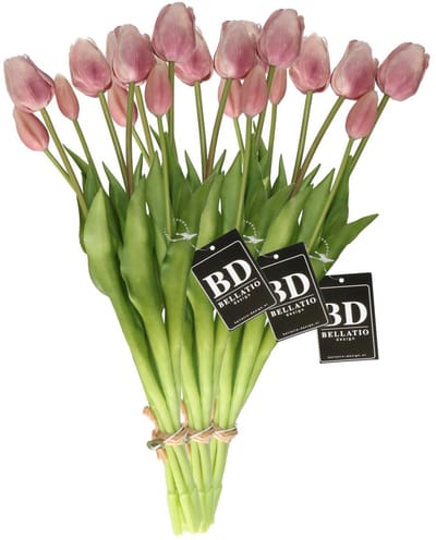 Bellatio Design Kunst tulpen boeket Sally - 21x stuks - zacht lila - real touch - 47 cm