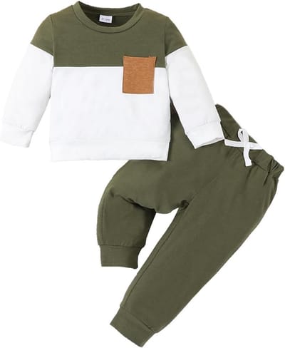 LUVCES Kledingset voor baby's, kinderen, kleurblok/print, letters, sweatshirt + effen, broek voor baby, herfst, lente, 2-delige set