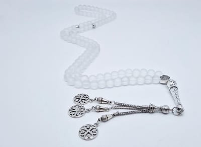 Handgemaakte tesbih "Tasbih" natuursteen "Selenite" - Aantal kralen 99 - Diameter kralen 8MM - met metaal tassel "Arabesk" - Een mooi cadeau-idee