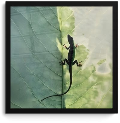 Poster in lijst - Fotolijst 40x40 cm - Posters - Hagedis - Blad - Nerven - Groen - Posterlijst zwart - Decoratie - Wanddecoratie woonkamer - Muurdecoratie slaapkamer