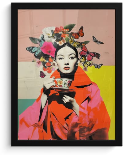 Poster in lijst - Fotolijst 30x40 cm - Posters - Retro - Vrouw - Kopje - Vlinders - Posterlijst zwart - Decoratie - Wanddecoratie woonkamer - Muurdecoratie slaapkamer