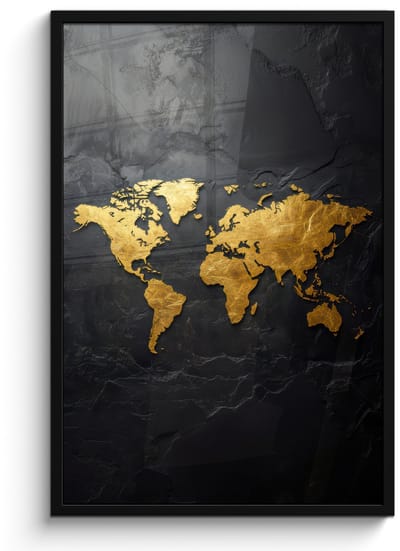 Poster in lijst - Fotolijst 60x90 cm - Posters - Wereldkaart - Goud - Steen - Posterlijst zwart - Decoratie - Wanddecoratie woonkamer - Muurdecoratie slaapkamer