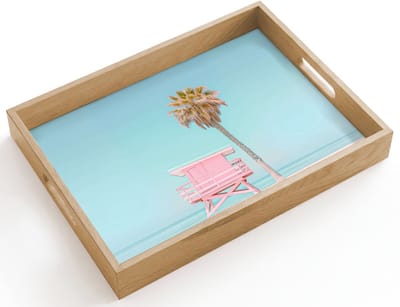 Dienblad hout 40x30 cm - Schootdienblad - Palmboom - Strandhuis - Roze - Borrelplank rechthoek - Plateau dienbladen