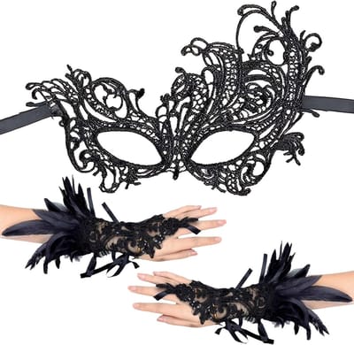 Lange Vingerloze Handschoenen van Zwart Kant met Oogbedekking - Ideaal voor Bruiloft, Halloween en Maleficent Kostuum