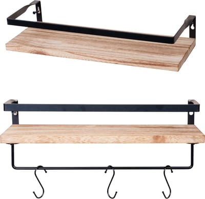 Kroon Houten Wandrek – Wandplank - Zwevende - Set van 2 – Inclusief 8 Haken & Bevestigingsmateriaal – 40x15 cm – Eenvoudig te monteren