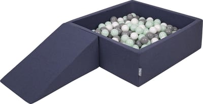 KiddyMoon Ballenbak voor kinderen 90x30cm Vierkant met Wig - 100 Ballen ∅7cm - Foam speelset - Speelgoed baby schuim - Ballenbad baby foam - Kunststof ballen - Schuimvulling - Donkerblauw: Wit Grijs Munt