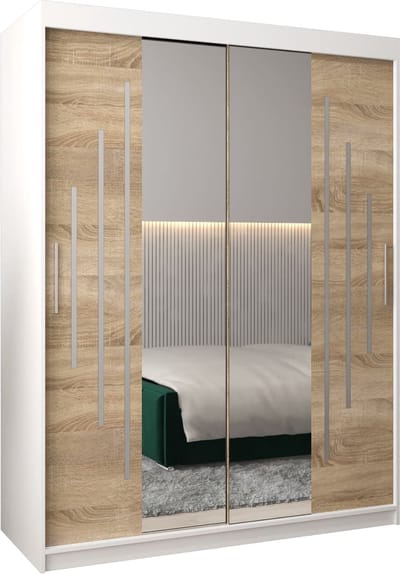 InspireMe - Kledingkast met 2 schuifdeuren, Modern-stijl, Een kledingkast met planken en een spiegel (BxHxD): 150x200x62 - MALTESE I 150 Wit Mat + Sonoma Eik