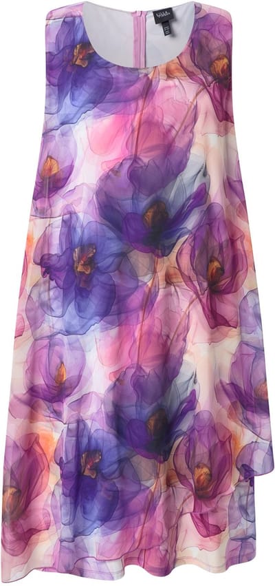 Ulla Popken - Dames - Chiffonjurk bloemen A-lijn ronde hals mouwloos - Zwart - Maat 46+