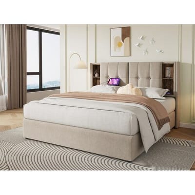 ModernLuxe Gestoffeerd opbergbed 180x200 cm - met draadloos opladen en opbergkop - linnen stof - Beige