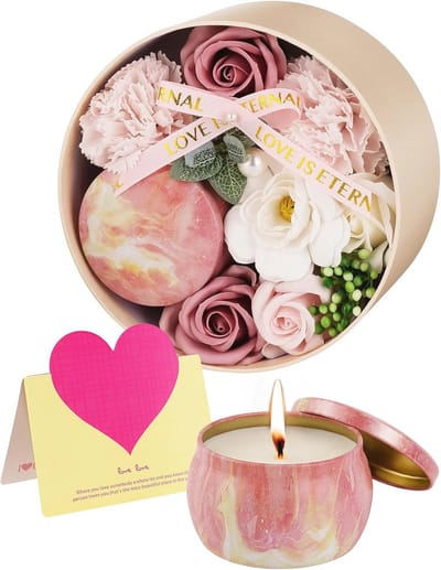 Kunstbloemen en geurkaarsen set in ronde doos - Aromatherapie geschenk voor speciale gelegenheden
