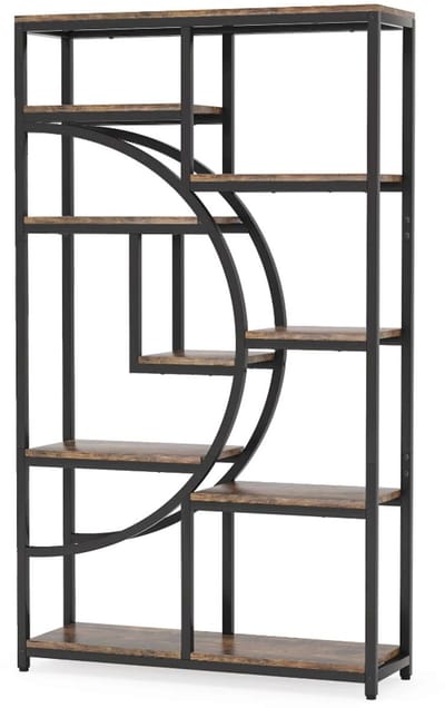 Boekenkast Half Moon – Open Wandkast met 9 Planken – Industrieel Design Zwart/Rustiek Bruin