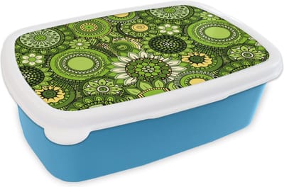 Broodtrommel Blauw - Lunchbox - Brooddoos - Bloemen - Groen - Patroon - 18x12x6 cm - Kinderen - Jongen