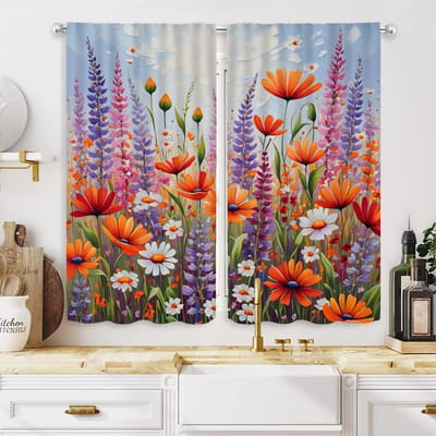 Rideau 2 pièces HD numérique Couleur Département Automne Fleur sauvage Lavande style Décoration intérieure Décorer salon chambre Porter r W52H63inchW132H160cm gray