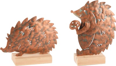 Dekoratief | Egel op voet, roest, metaal/hout, 9x4x13cm, set van 2 stuks | A245222