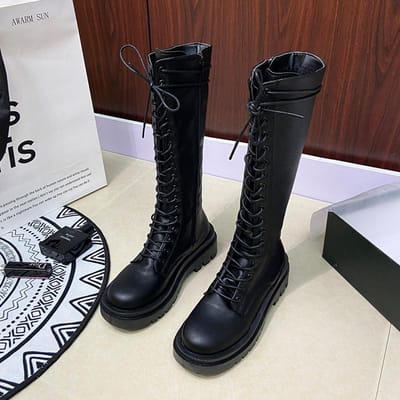 Herfst Dames Hoge Platform Gothic Schoenen Zwarte Leren Laarzen Vetersluiting Dames Kniehoge Rider Laarzen Zapatillas De Mujer 41