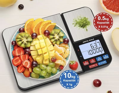 Stellar Keukenweegschaal - Keukenweegschaal met 2 Platforms - 0kg/1g & 500g/0.01g - Digitale Keukenweegschaal - Weegschaal keuken - met 7 Eenheden, Tarra, PCS, Auto-Off, voor Keuken, Juwelen, Bakken, Koken, Batterijen Inbegrepen