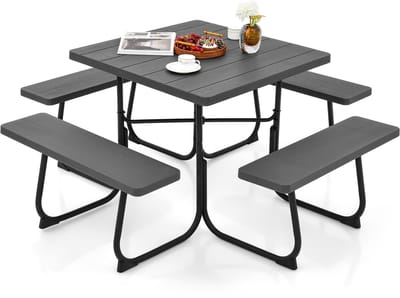 COSTWAY Zitgarnituur voor 8 personen, picknicktafel met parasolgat en 4 banken, vierkante tuintafel, tuingarnituur, tuinmeubelen, zitgroep voor tuin, terras (zwart)