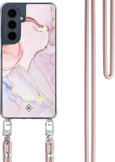 Casimoda® hoesje met rosegoud koord - Geschikt voor Samsung A16 - Marmer roze paars - Afneembaar koord - TPU/polycarbonaat - Paars