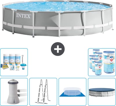 Intex Rond Prism Frame Zwembad - 457 x 107 cm - Grijs - Inclusief Pomp - Ladder - Grondzeil - Afdekzeil Onderhoudspakket - Filters