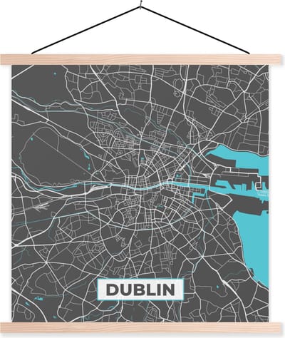 Posterhanger incl. Poster 40x40 cm - Schoolplaat - Dublin - Stadskaart - Kaart - Blauw - Plattegrond - Textielposter - Blanke latten - Stadskaart