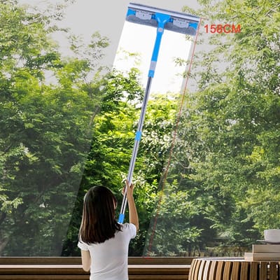 Famanu - Raamwisser met telescoopsteel (158 cm), 2-in-1 professionele raamreiniger met microvezelpads en siliconen lip, voor hoge ramen, glas, douche en auto