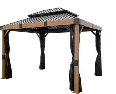 Sojag Fontana Aluminium Paviljoen met hard dak en muggennet - Houtlook/Zwart
